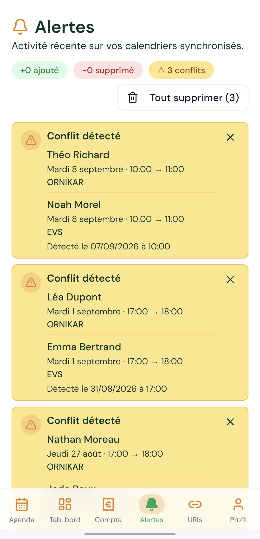 Alertes de conflits de planning