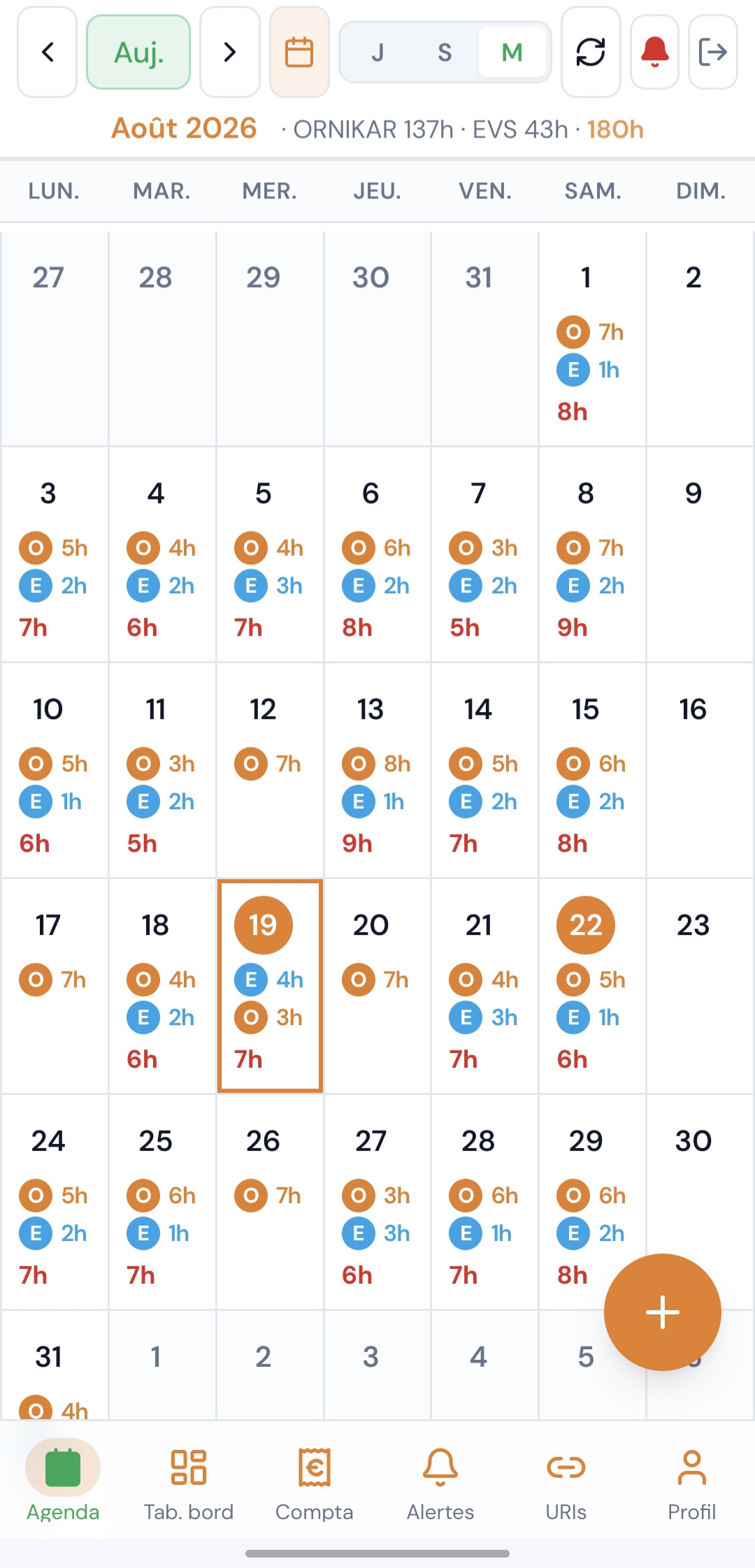 Agenda du mois avec les heures par jour