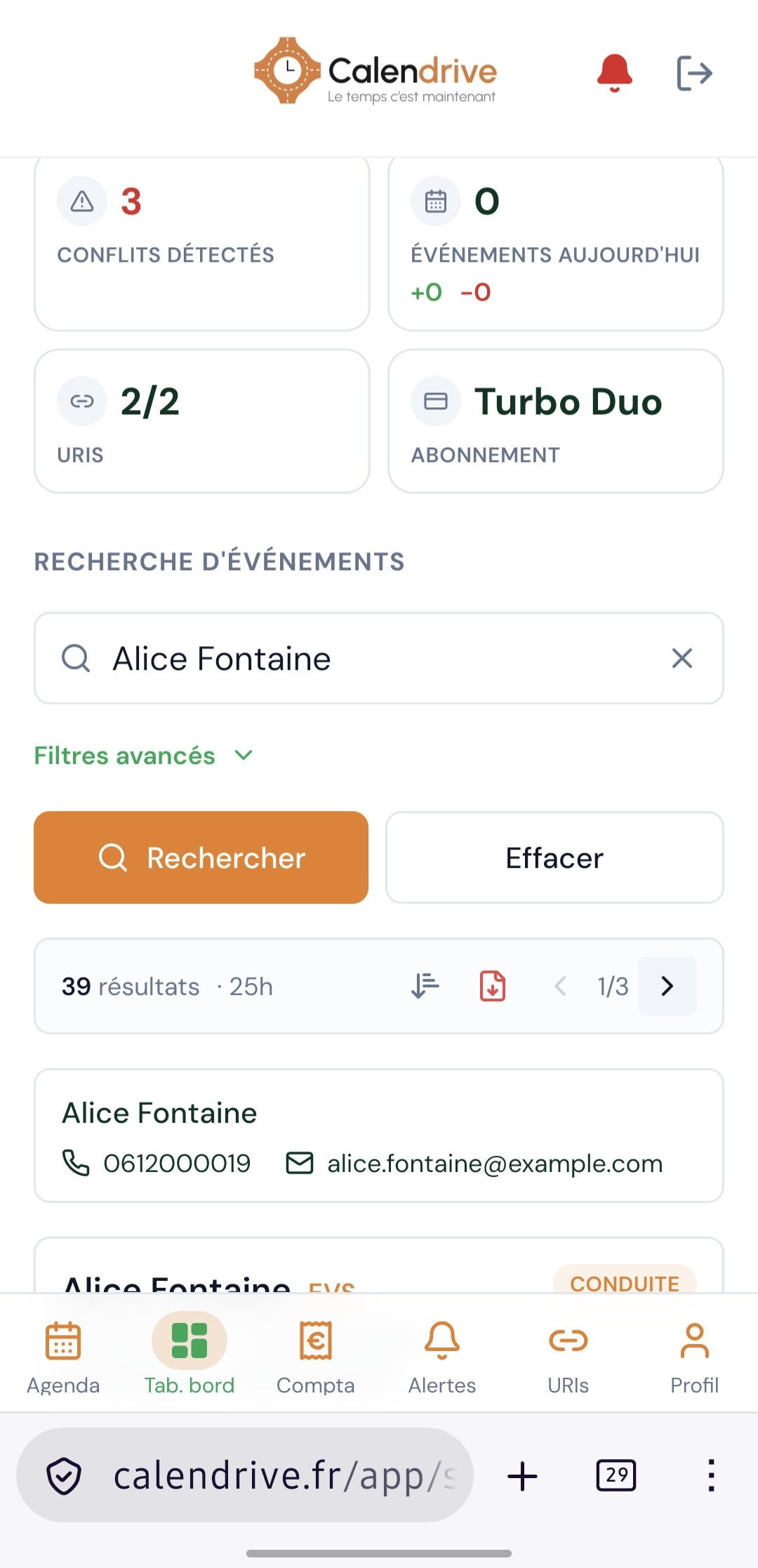 Tableau de bord : conflits, URIs, abonnement et recherche
